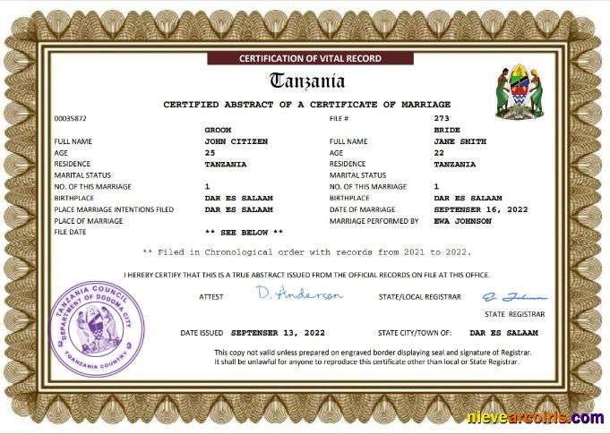 Tanzania marriage certificate